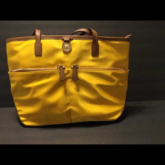 NWOT Michael Kors Gold Nylon/Brown Leather Purse - Picture 3 of 8